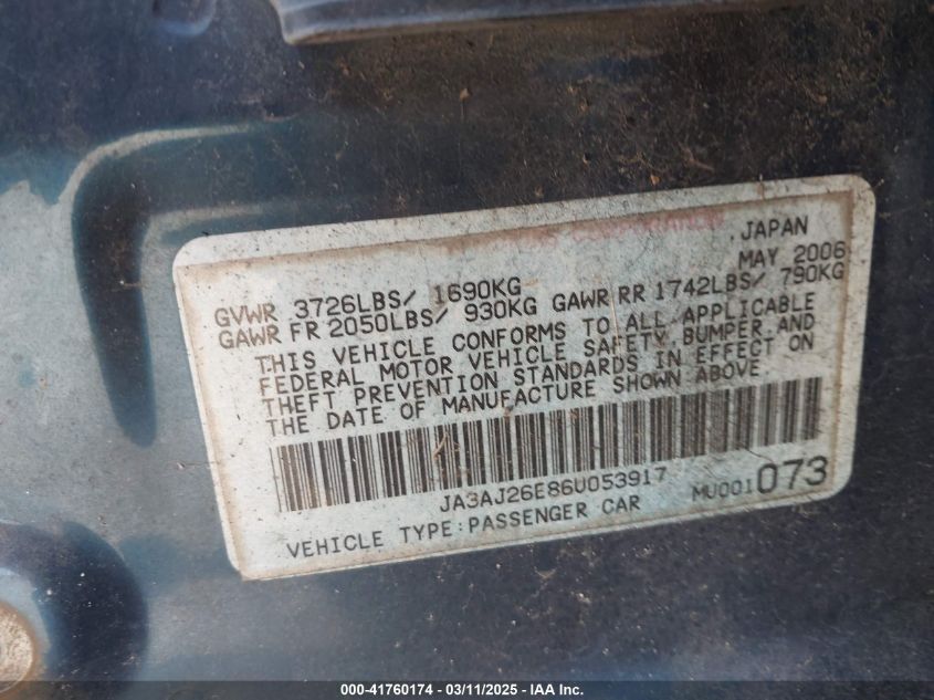 2006 Mitsubishi Lancer Es/Se VIN: JA3AJ26E86U053917 Lot: 41760174