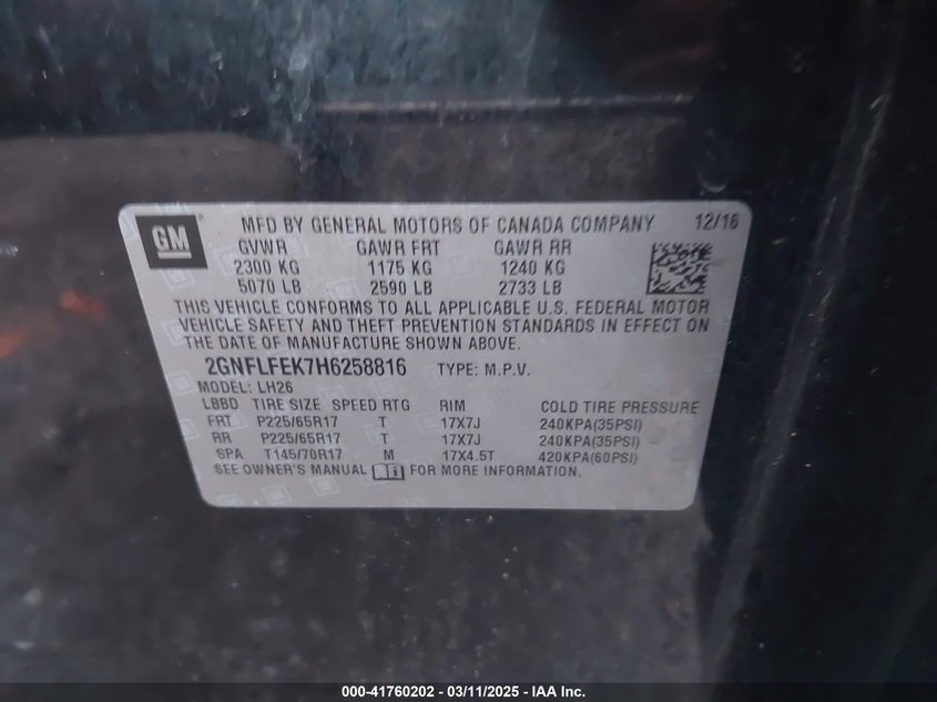 2017 CHEVROLET EQUINOX LT - 2GNFLFEK7H6258816
