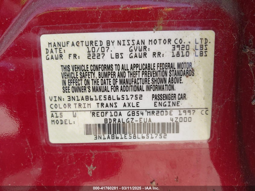 2008 NISSAN SENTRA VIN: 3N1AB61E58L651752