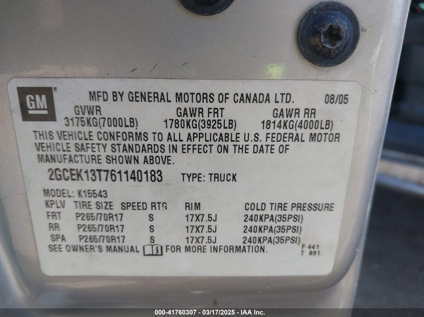 2006 Chevrolet Silverado 1500 Lt2 VIN: 2GCEK13T761140183 Lot: 41760307