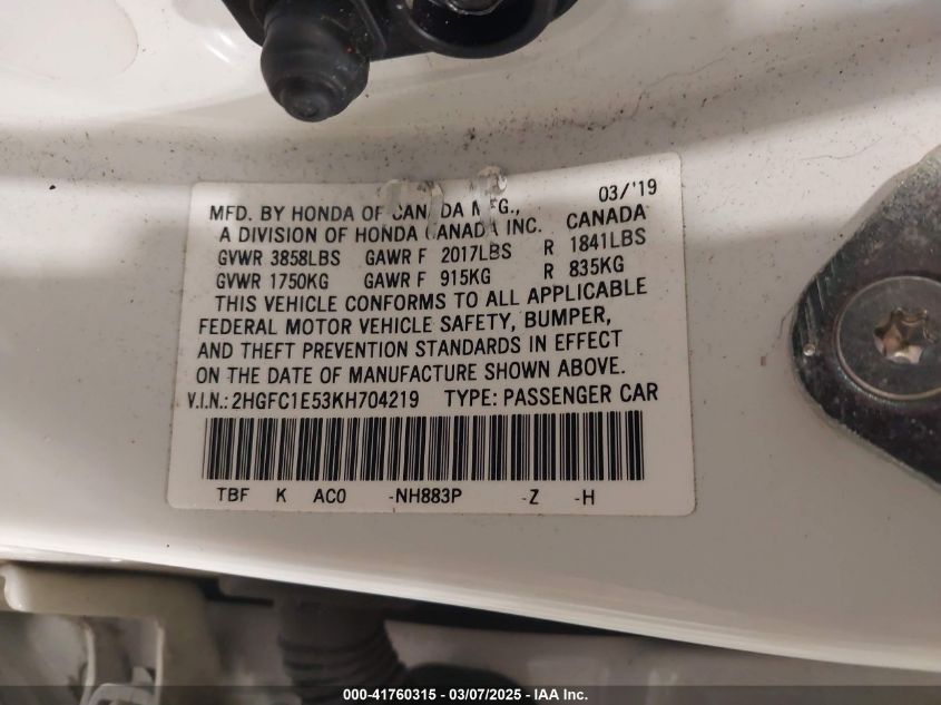 2019 Honda Civic Si VIN: 2HGFC1E53KH704219 Lot: 41760315