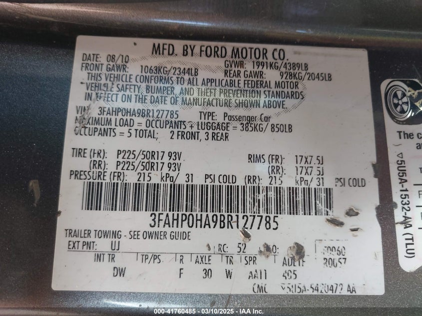 2011 FORD FUSION VIN: 3FAHP0HA9BR127785