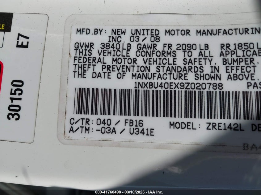 2009 TOYOTA COROLLA VIN: 1NXBU40EX9Z020788