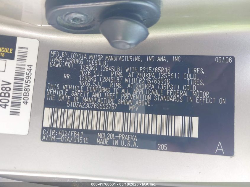 2006 Toyota Sienna Ce VIN: 5TDZA23C76S552767 Lot: 41760531