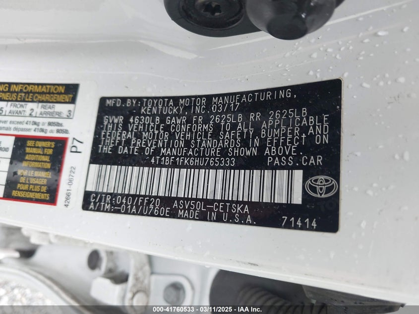 2017 TOYOTA CAMRY VIN: 4T1BF1FK6HU765333