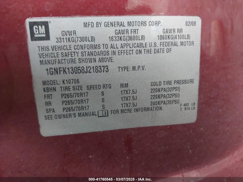 2008 Chevrolet Tahoe Lt VIN: 1GNFK13058J218373 Lot: 41760545