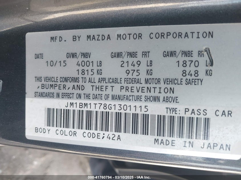 2016 MAZDA MAZDA3 VIN: JM1BM1T78G1301115