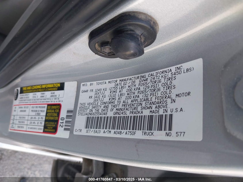 2008 TOYOTA TACOMA VIN: 5TELU42N68Z554348