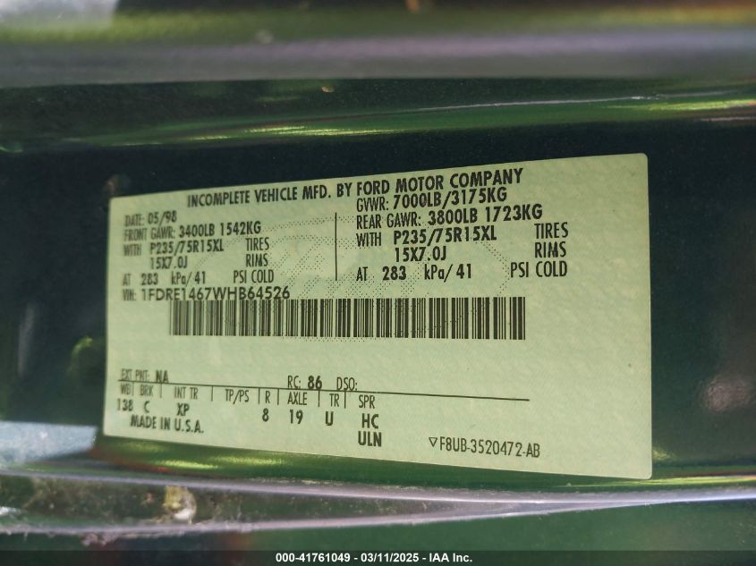 1998 Ford E-150 Recreational VIN: 1FDRE1467WHB64526 Lot: 41761049