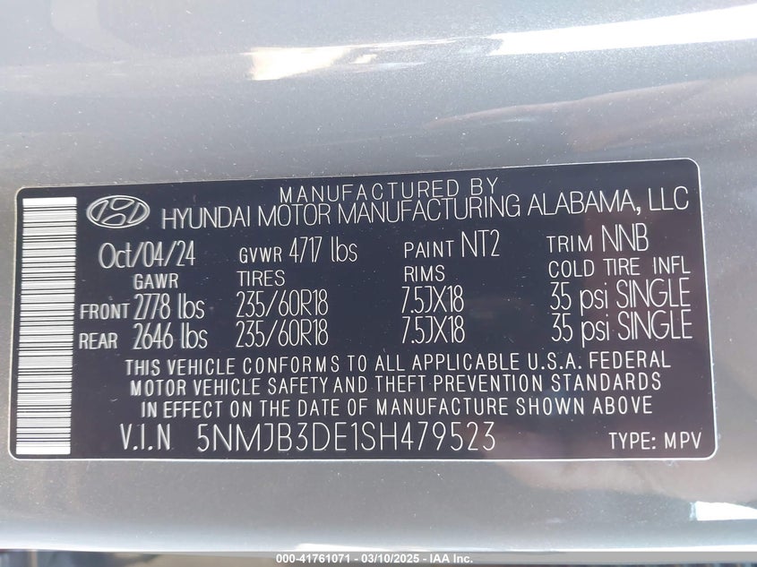 2025 HYUNDAI TUCSON VIN: 5NMJB3DE1SH479523