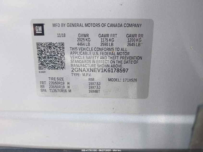 2019 Chevrolet Equinox Premier VIN: 2GNAXNEV1K6178597 Lot: 41761100