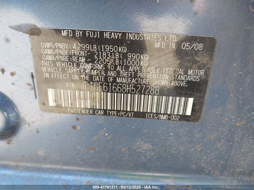 2008 Subaru Impreza 2.5I VIN: JF1GE61668H527288 Lot: 41761211