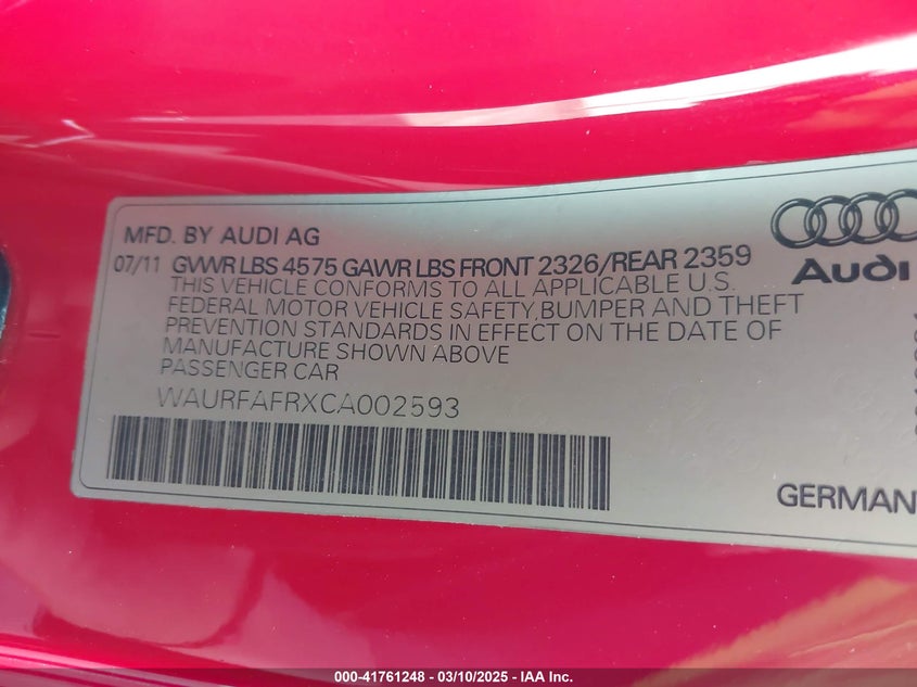 2012 AUDI A5 VIN: WAURFAFRXCA002593