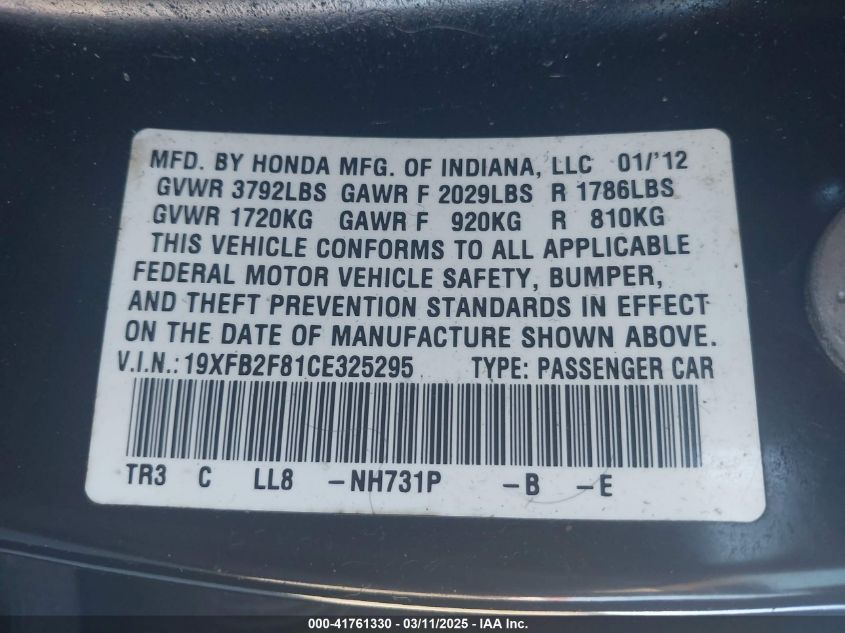 2012 Honda Civic Ex VIN: 19XFB2F81CE325295 Lot: 41761330