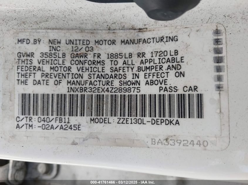 2004 Toyota Corolla Ce VIN: 1NXBR32EX4Z289875 Lot: 41761466