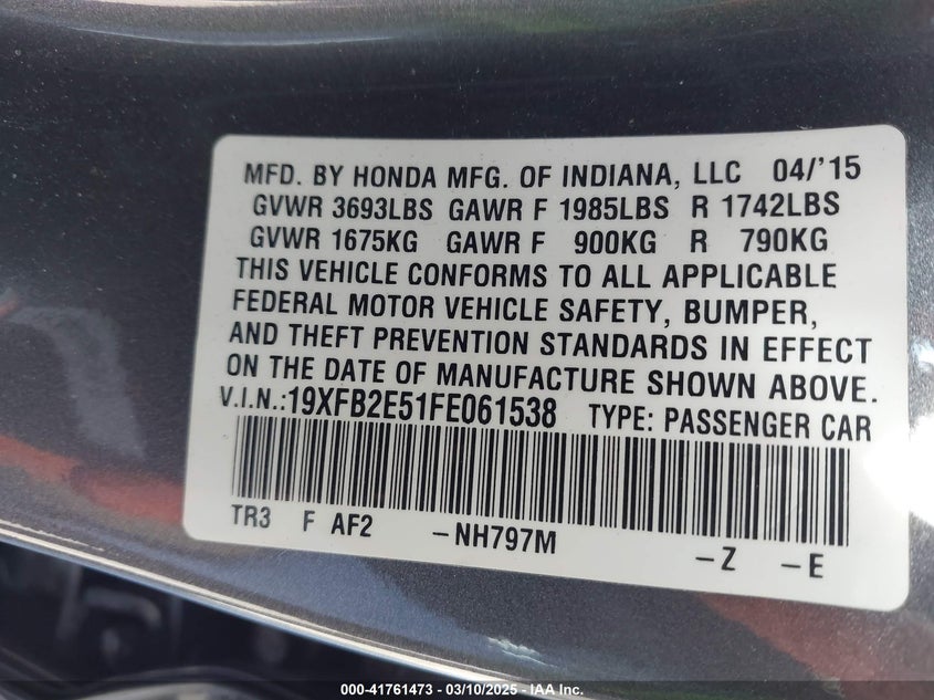 2015 HONDA CIVIC VIN: 19XFB2E51FE061538