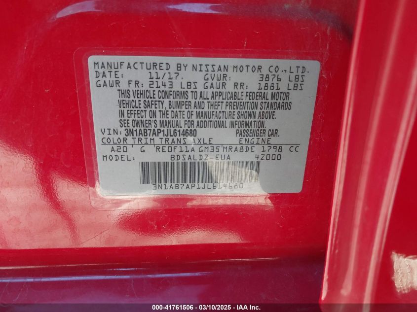 2018 Nissan Sentra Sv VIN: 3N1AB7AP1JL614680 Lot: 41761506