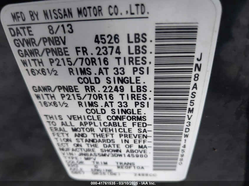 2013 NISSAN ROGUE VIN: JN8AS5MV3DW145980
