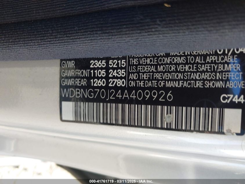 2004 Mercedes-Benz S 430 VIN: WDBNG70J24A409926 Lot: 41761719