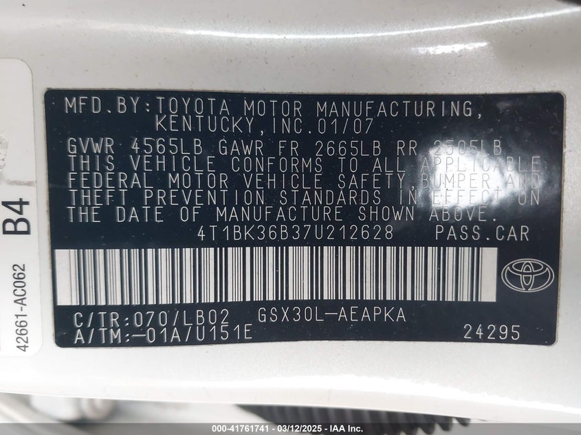 2007 TOYOTA AVALON VIN: 4T1BK36B37U212628