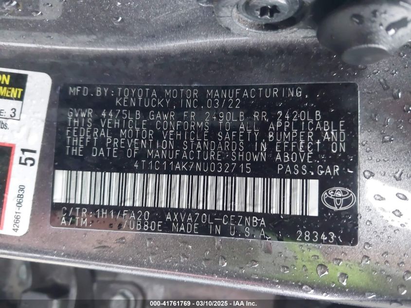 2022 Toyota Camry Le VIN: 4T1C11AK7NU032715 Lot: 41761769