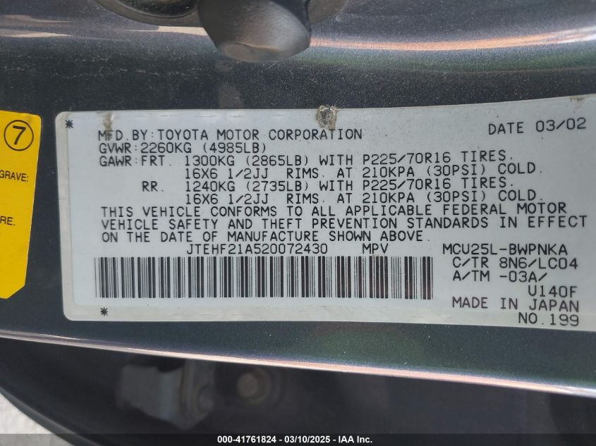 2002 Toyota Highlander Limited V6 VIN: 0JTEHF21A52007243 Lot: 41761824