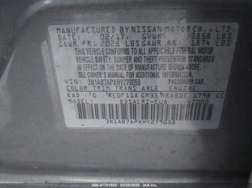 2017 NISSAN SENTRA VIN: 3N1AB7APXHY279058