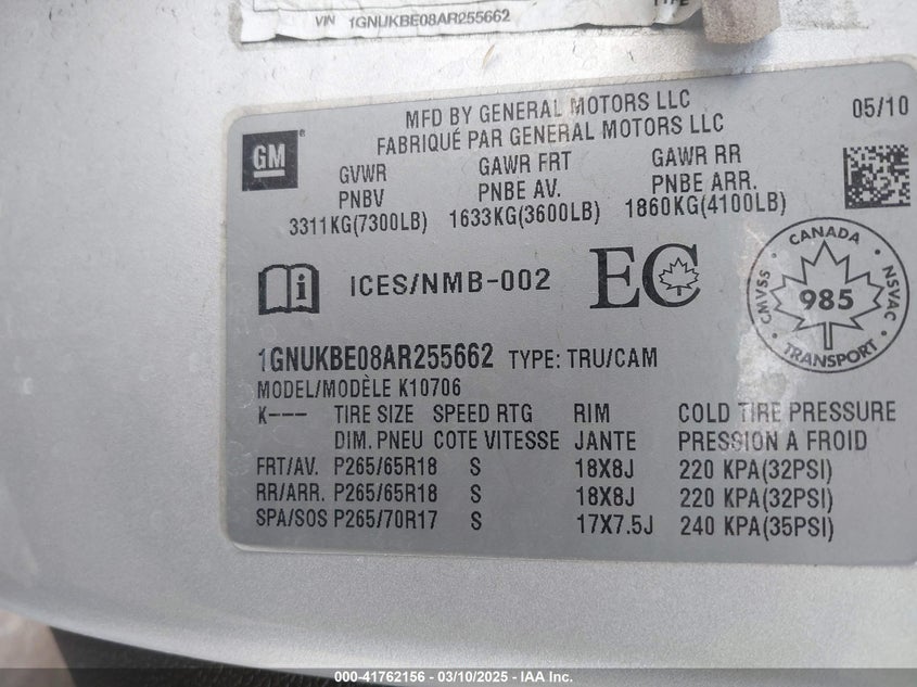 2010 CHEVROLET TAHOE VIN: 1GNUKBE08AR255662
