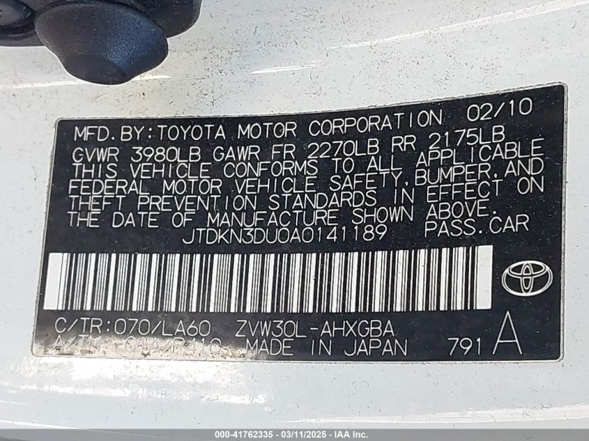 2010 Toyota Prius VIN: JTDKN3DU0A0141189 Lot: 41762335