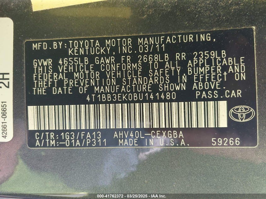 2011 TOYOTA CAMRY HYBRID VIN: 4T1BB3EK0BU141480