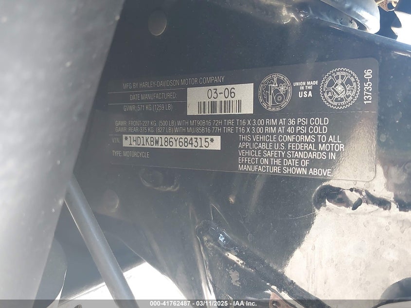 2006 Harley-Davidson Flhxi VIN: 1HD1KBW186Y684315 Lot: 41762487