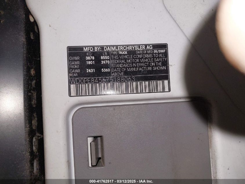 2007 Dodge Sprinter Van 2500 High Roof VIN: WD0PE845675188063 Lot: 41762517