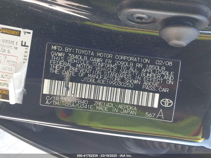 2009 TOYOTA COROLLA VIN: JTDBL40E199030250