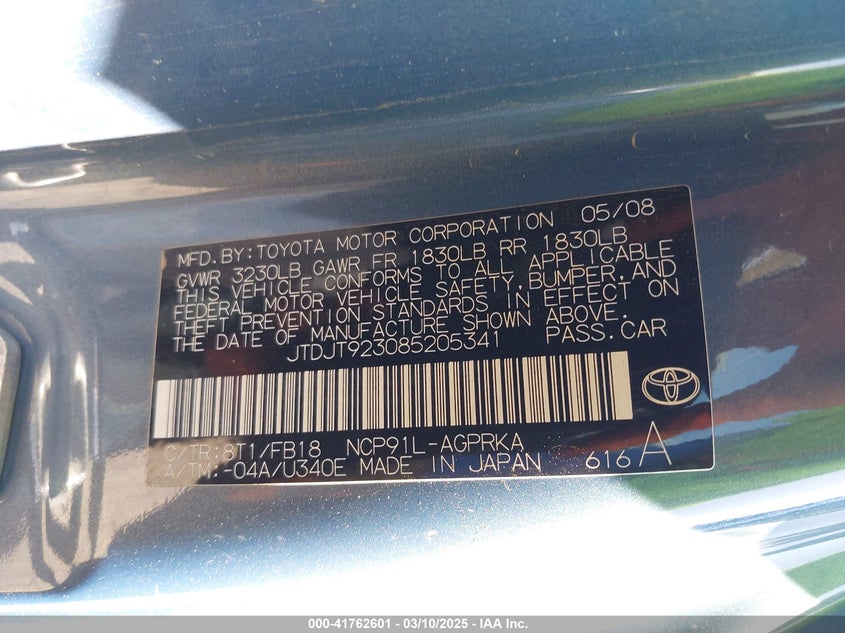 2008 TOYOTA YARIS VIN: JTDJT923085205341