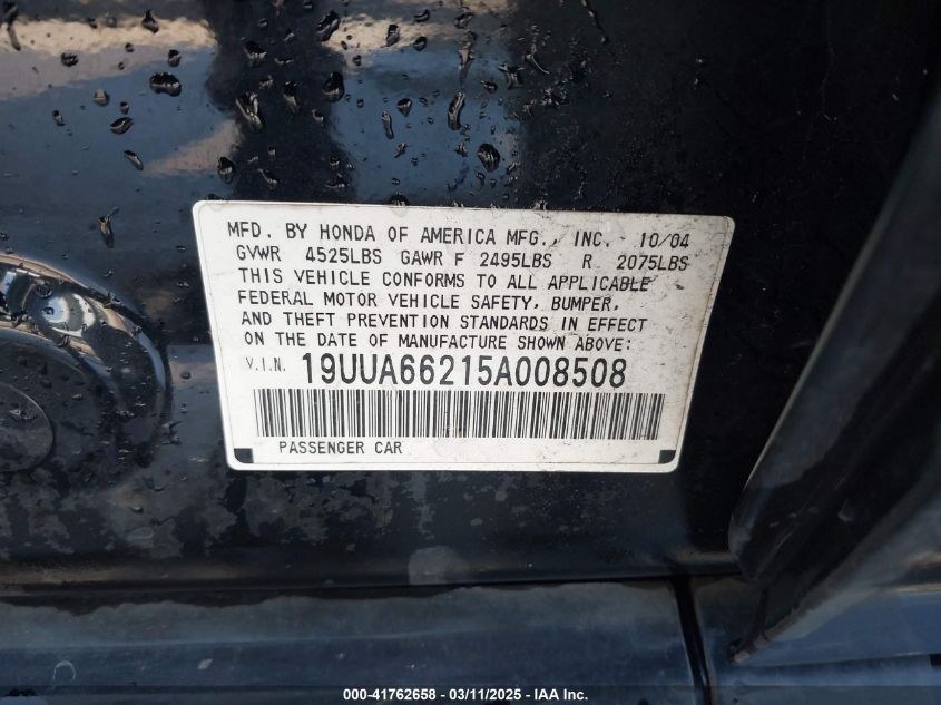 2005 Acura Tl VIN: 19UUA66215A008508 Lot: 41762658