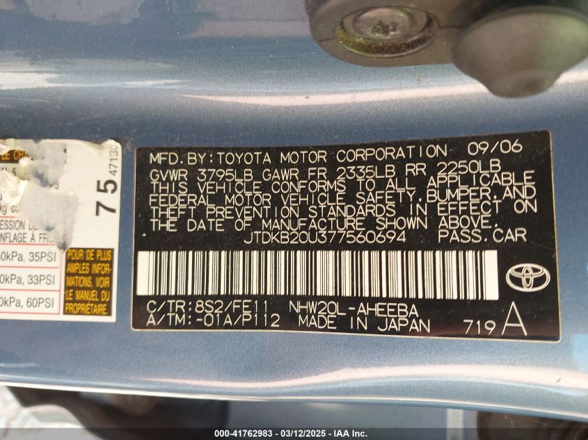 2007 Toyota Prius VIN: JTDKB20U377560694 Lot: 41762983