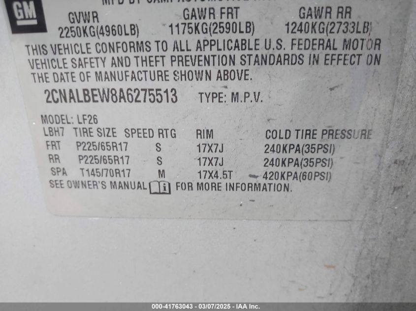 2010 Chevrolet Equinox Ls VIN: 2CNALBEW8A6275513 Lot: 41763043