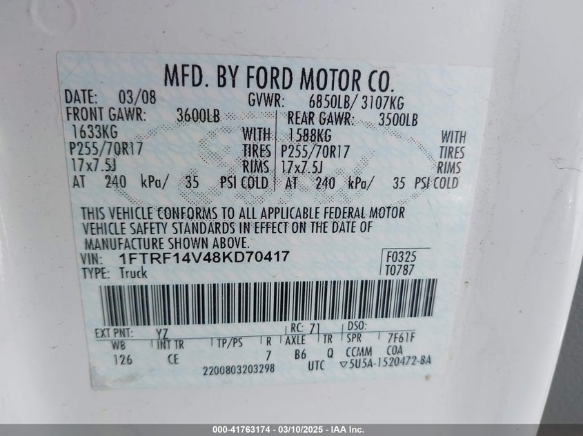 2008 FORD F-150 VIN: 1FTRF14V48KD70417