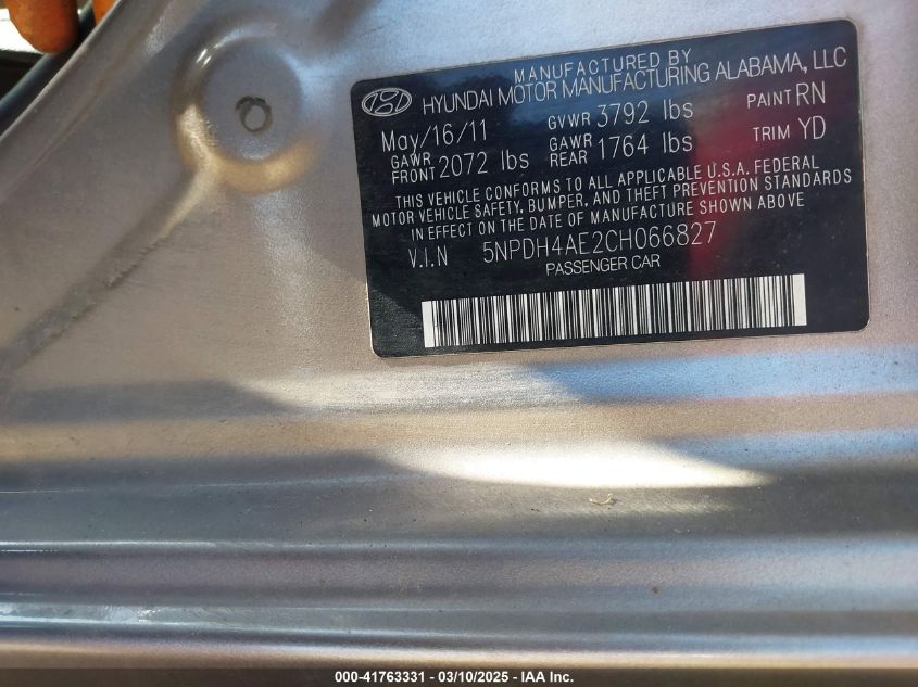 2012 Hyundai Elantra Gls VIN: 5NPDH4AE2CH066827 Lot: 41763331