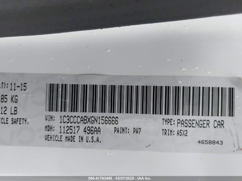 2016 Chrysler 200 Limited VIN: 1C3CCCABXGN156666 Lot: 41763498