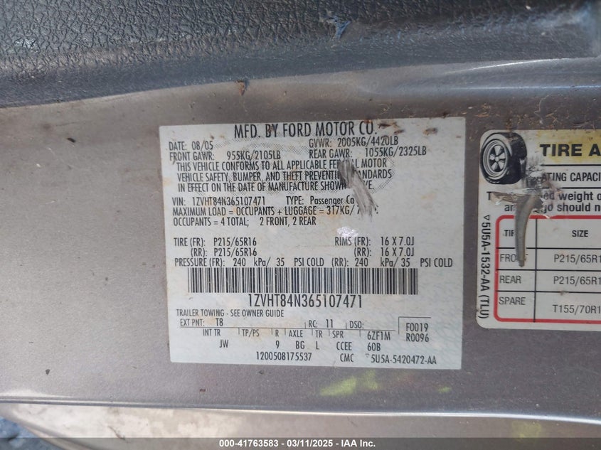 2006 FORD MUSTANG VIN: 1ZVHT84N365107471