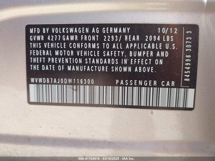 2013 VOLKSWAGEN GOLF VIN: WVWDB7AJ0DW116300