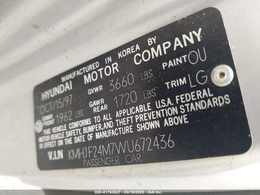 1998 Hyundai Elantra VIN: KMHJF24M7WU672436 Lot: 41763627