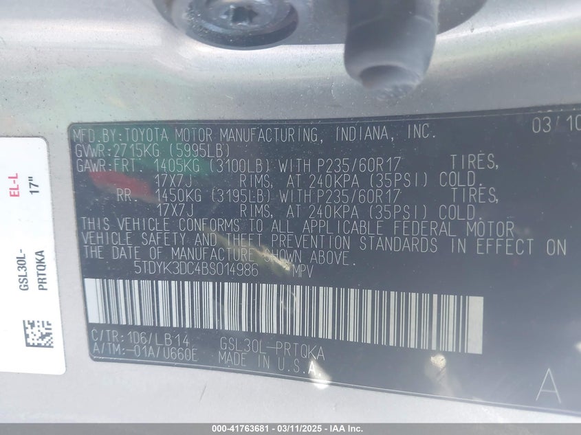 2011 TOYOTA SIENNA VIN: 5TDYK3DC4BS014986