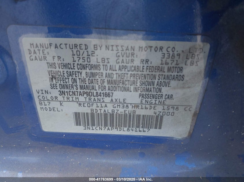 2013 NISSAN VERSA 1.6 SV - 3N1CN7AP9DL841667