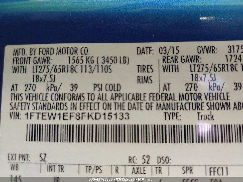 2015 FORD F-150 VIN: 1FTEW1EF8FKD15133