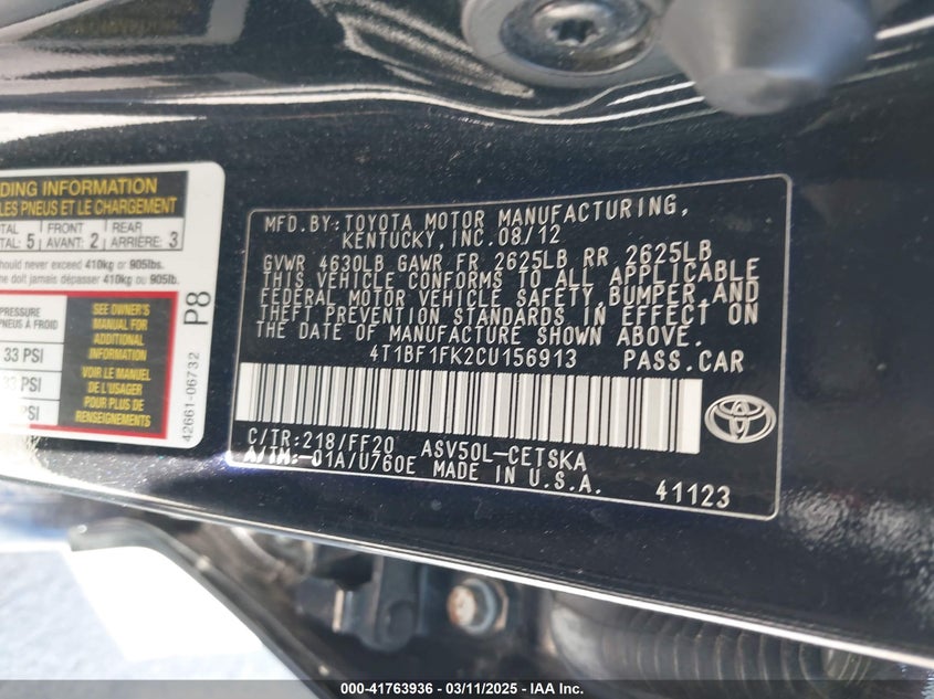 2012 TOYOTA CAMRY VIN: 4T1BF1FK2CU156913