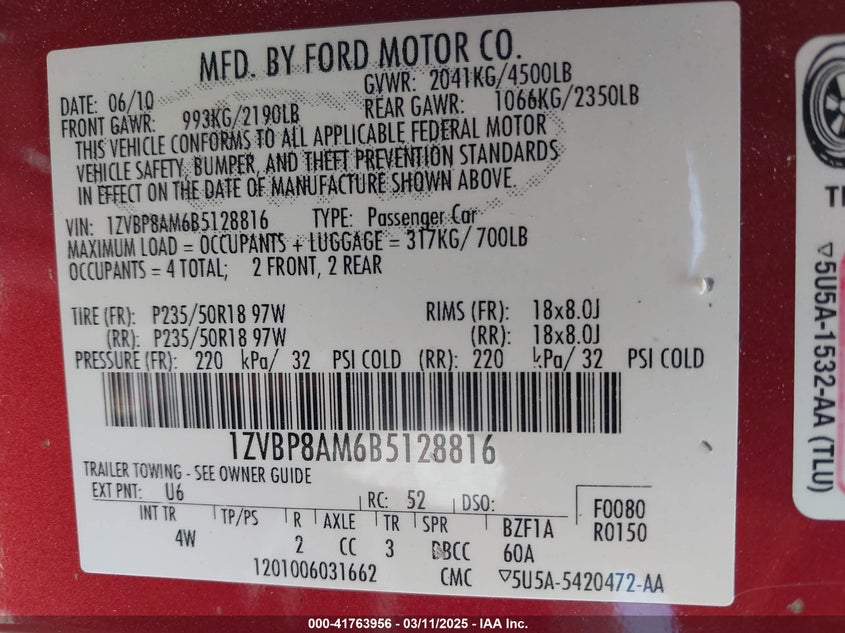 2011 FORD MUSTANG VIN: 1ZVBP8AM6B5128816