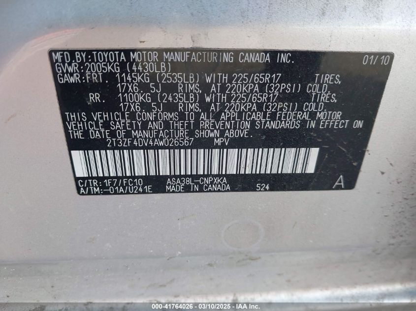 2010 Toyota Rav4 VIN: 2T3ZF4DV4AW026567 Lot: 41764026