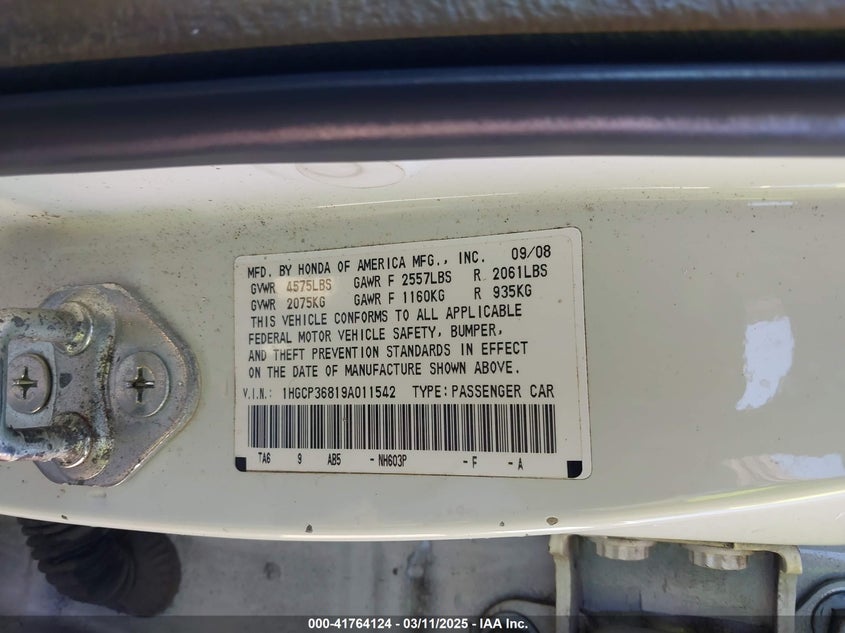 2009 HONDA ACCORD VIN: 1HGCP36819A011542
